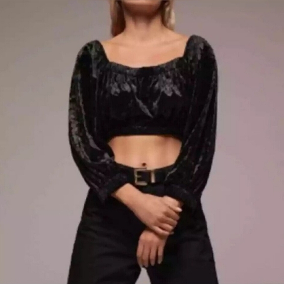 Zara Black Crushed Velvet Long Sleeve On or Off The Shoulder Crop Top - Size XS - Picture 2 of 8